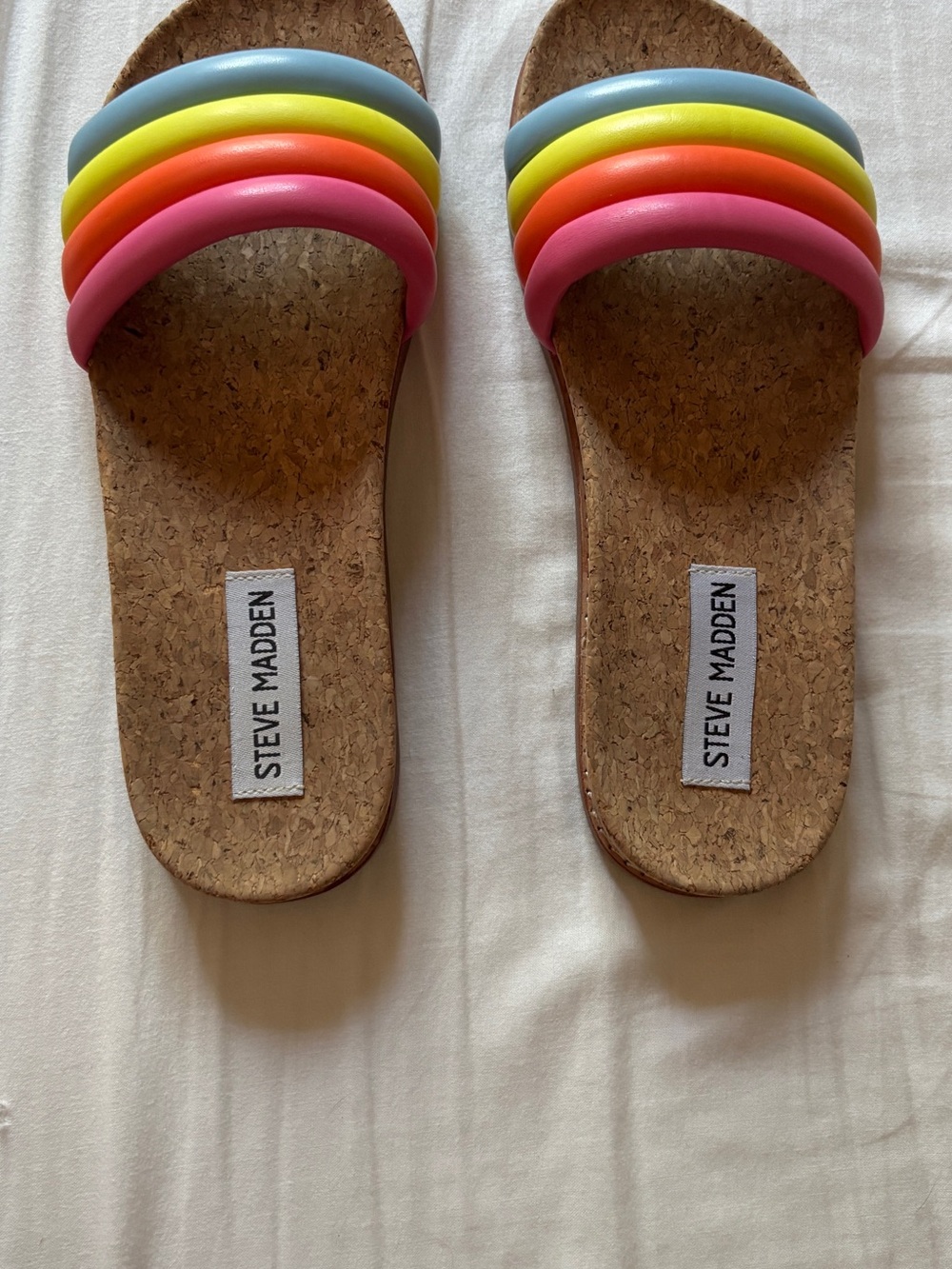 Steve Madden Pastel Rainbow Cork Slide Sandals - Blue, Yellow, Orange, Pink